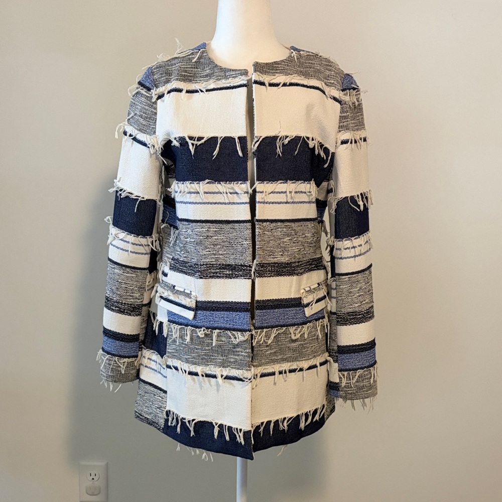 Zara Fringe Navy Stripe Open-Front Jacket